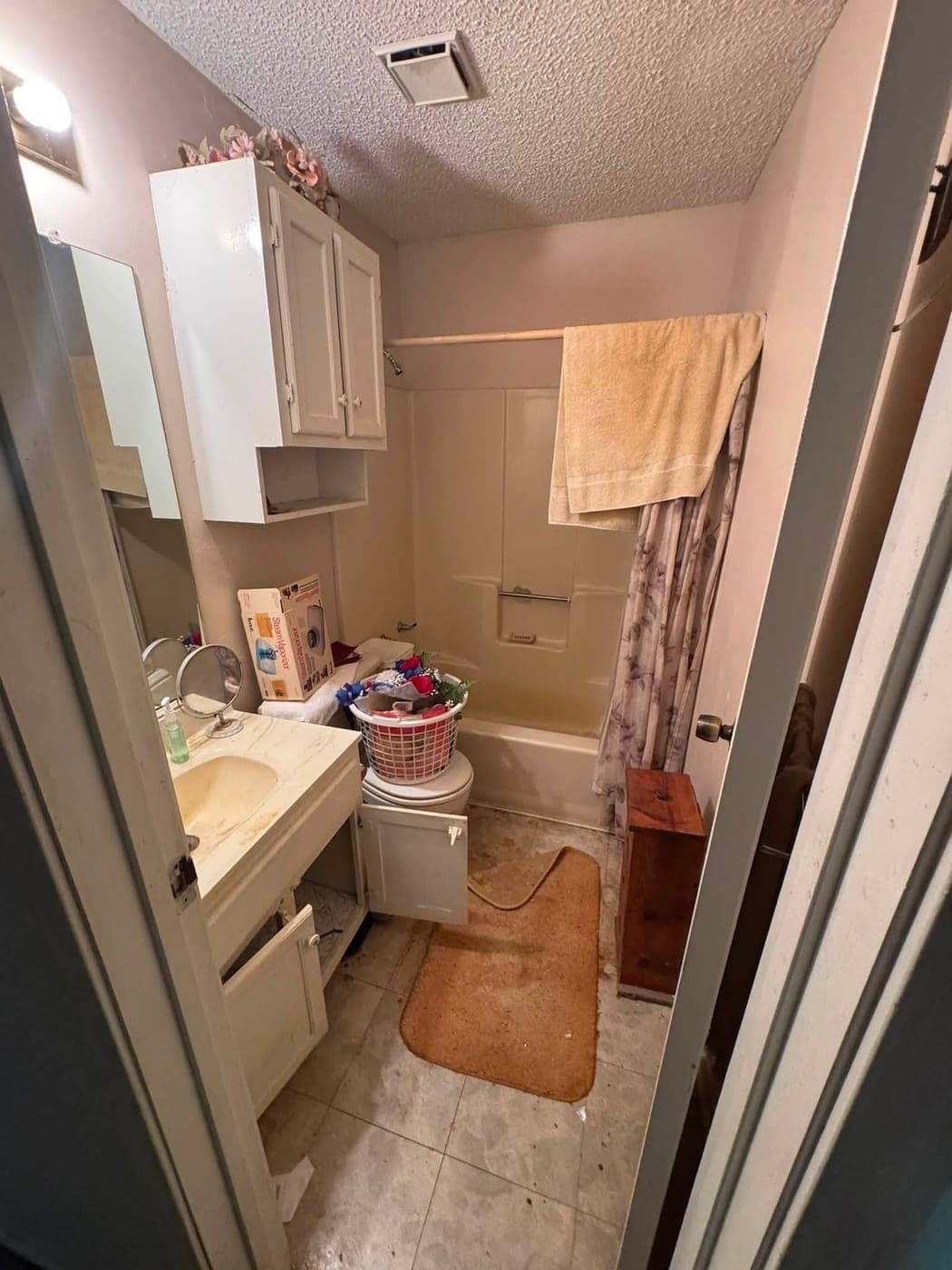 Hall bathroom before remodel — dated tub and fixtures